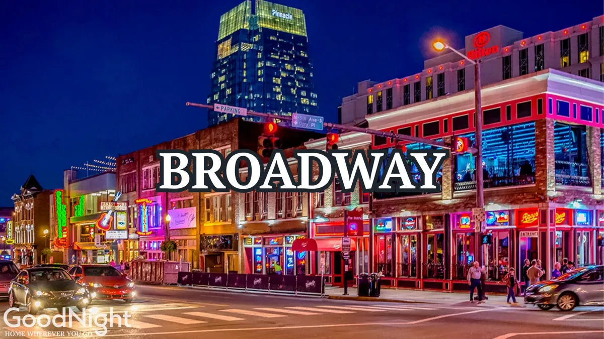 An energetic scene of Nashville’s bustling streets at dusk with neon signs, high-rise buildings, and people walking amid a vibrant nightlife setting. The atmosphere is dynamic, reflecting live music performances, street food, and the city’s signature nightlife.