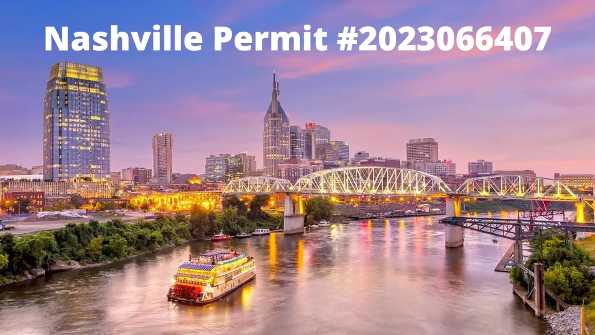 A stunning view of the Nashville skyline with a riverboat gliding along the water and prominent bridges framing the scene. The city lights start to twinkle as the sun sets, emphasizing the vibrant urban atmosphere and scenic beauty.