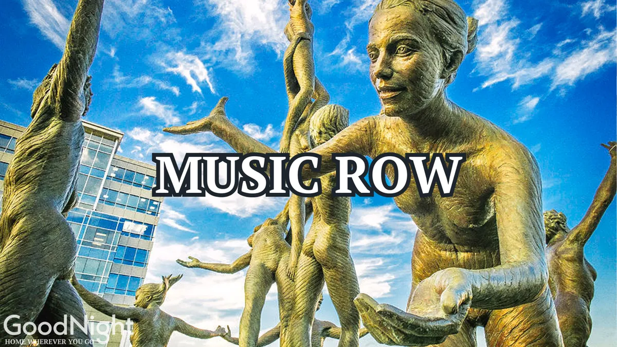 This exterior image features the iconic 'MUSIC ROW' sign with bronze sculptures set against a celebratory sky backdrop. Participants are seen engaging with the art installation, embodying the area's deep connection to Nashville's legendary music scene and its lively street culture.