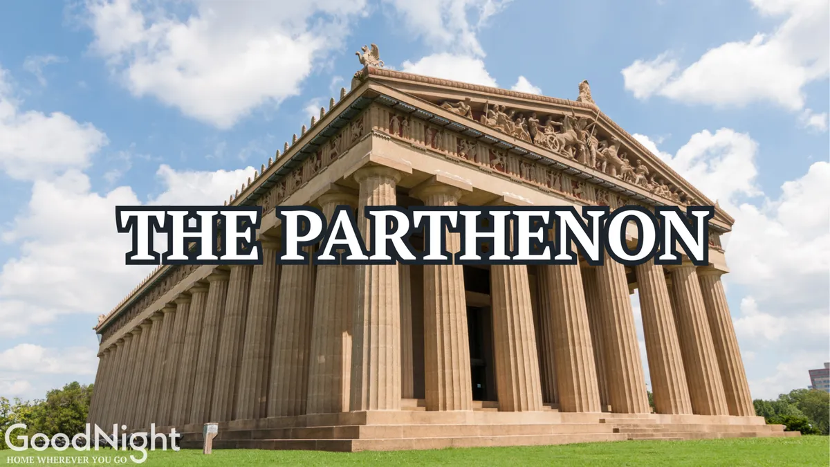 A stunning exterior shot of The Parthenon in Centennial Park, highlighting its grand columns and detailed rooftop sculptures under clear skies. The scene captures visitors exploring the area, engaging in photography, and appreciating the unique architecture.