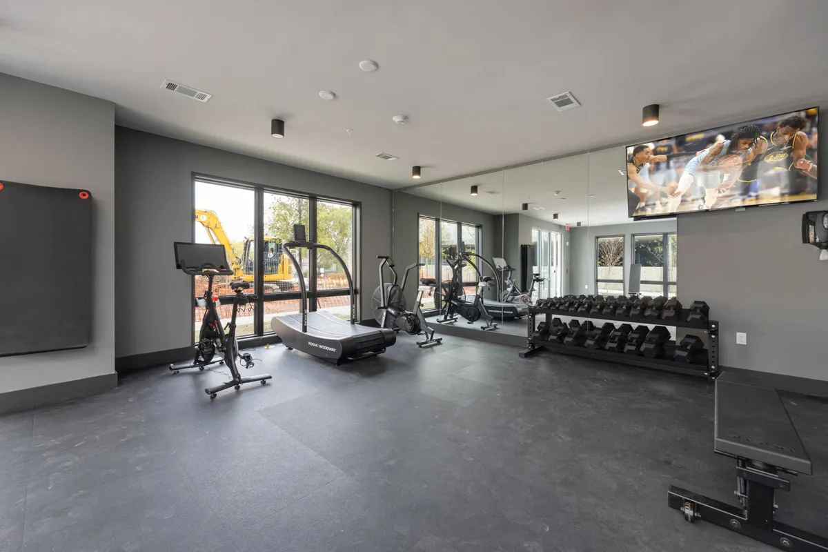 A spacious, well-equipped fitness center featuring treadmills, weights, large windows for natural light, and a TV screen. The gym is modern and inviting, encouraging an active lifestyle within a luxury setting.